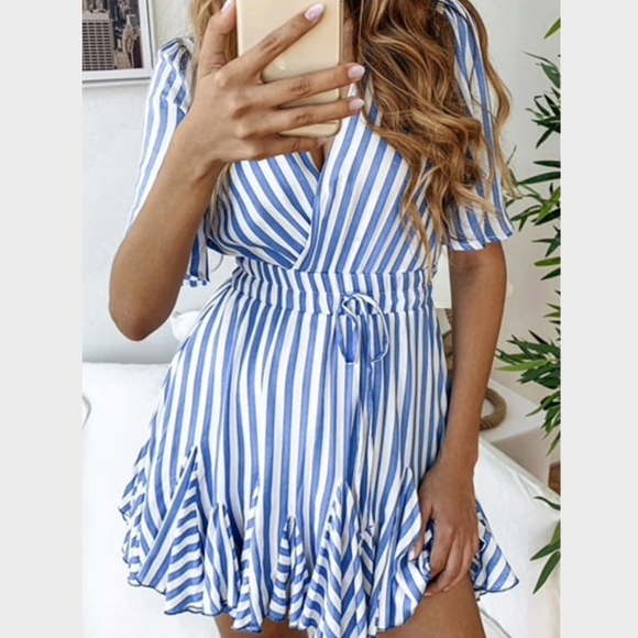 Striped Fit and Flare White & Blue Short Dress - Picture 2 of 8